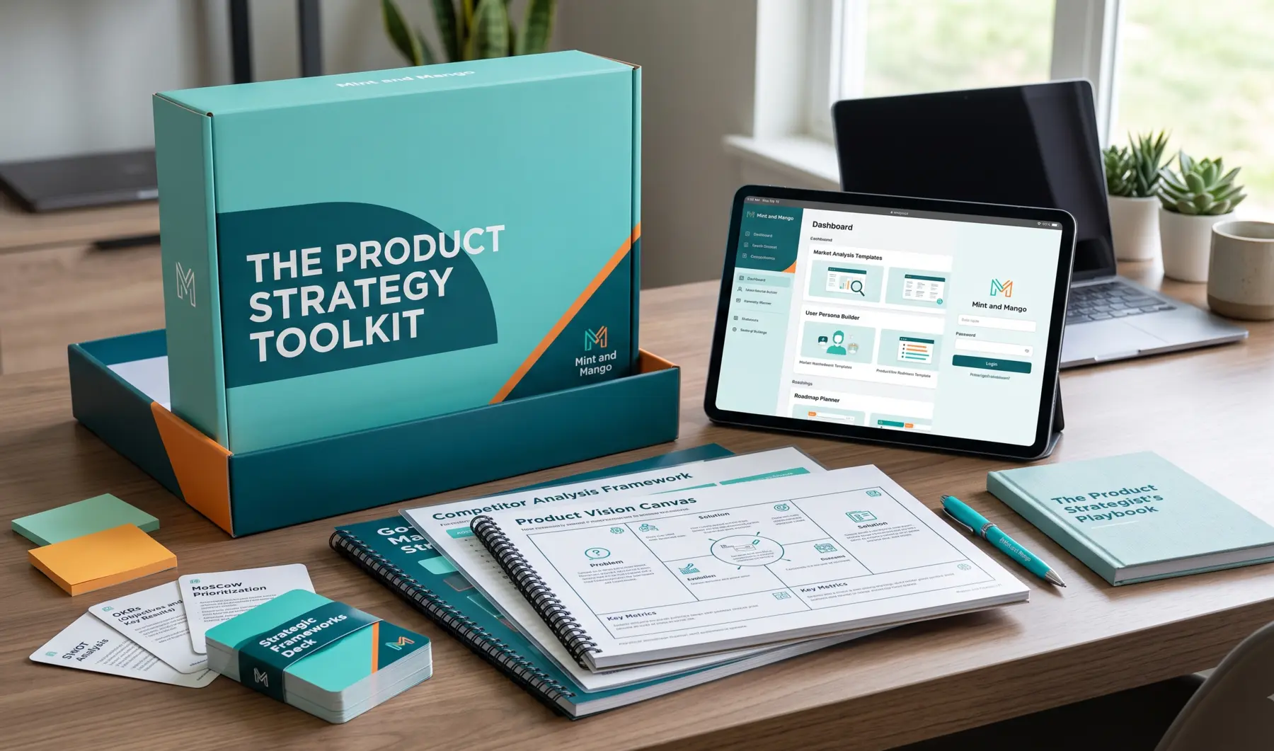 Product Strategy Toolkit worksheets and completed playbook displayed together